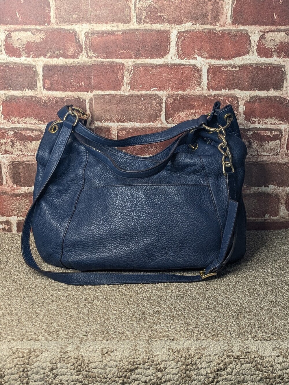 Michael Kors Fulton Hobo Shoulder Bag Navy Blue Pebbled Leather Gold Hardware - Picture 3 of 9